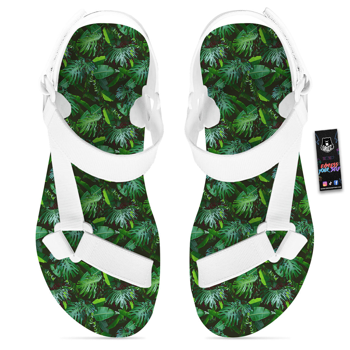 Banana Palm Leaf Green Tropical Print White Open Toe Sandals-grizzshop
