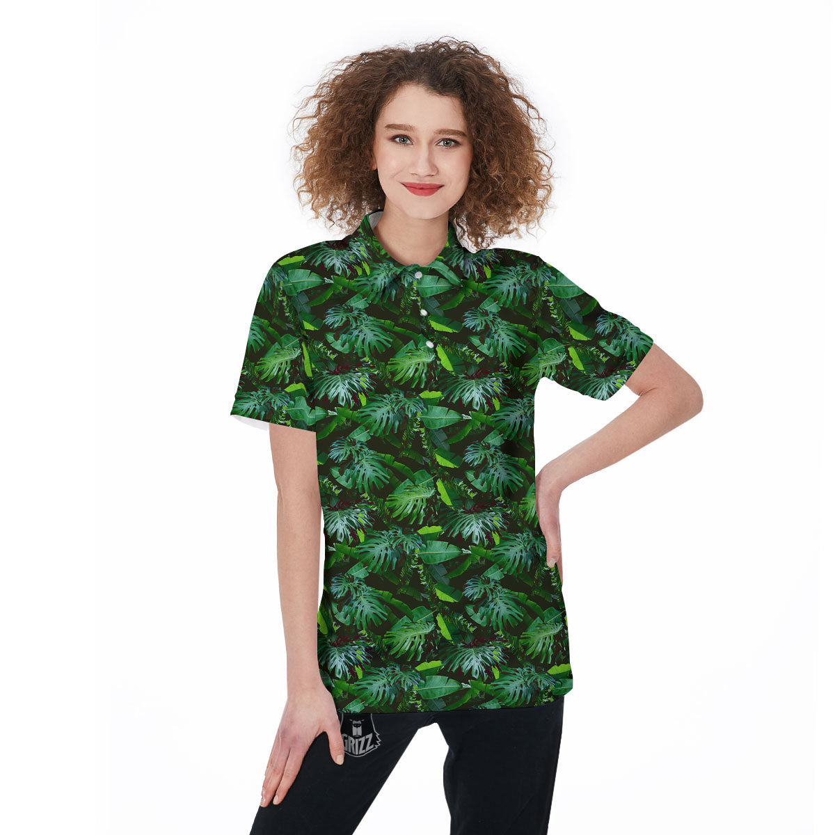 Banana Palm Leaf Green Tropical Print Women's Golf Shirts-grizzshop