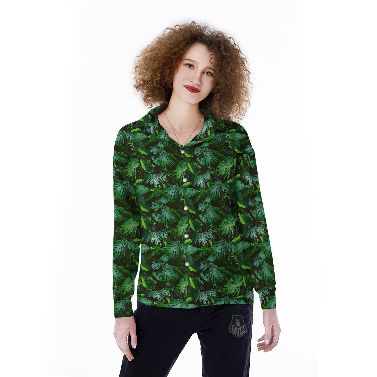 Banana Palm Leaf Green Tropical Print Women's Long Sleeve Shirts-grizzshop