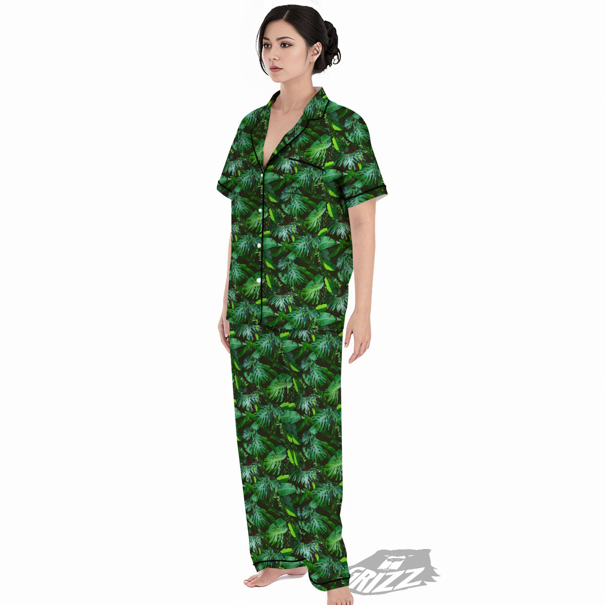 Banana Palm Leaf Green Tropical Print Women's Pajamas Set-grizzshop