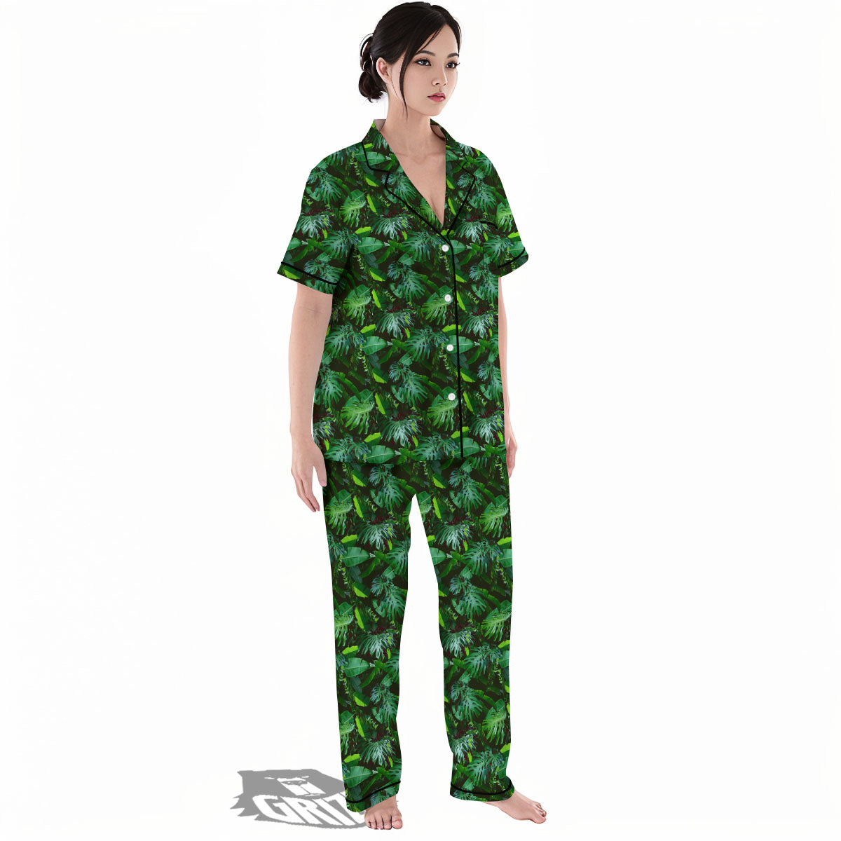 Banana Palm Leaf Green Tropical Print Women's Pajamas Set-grizzshop