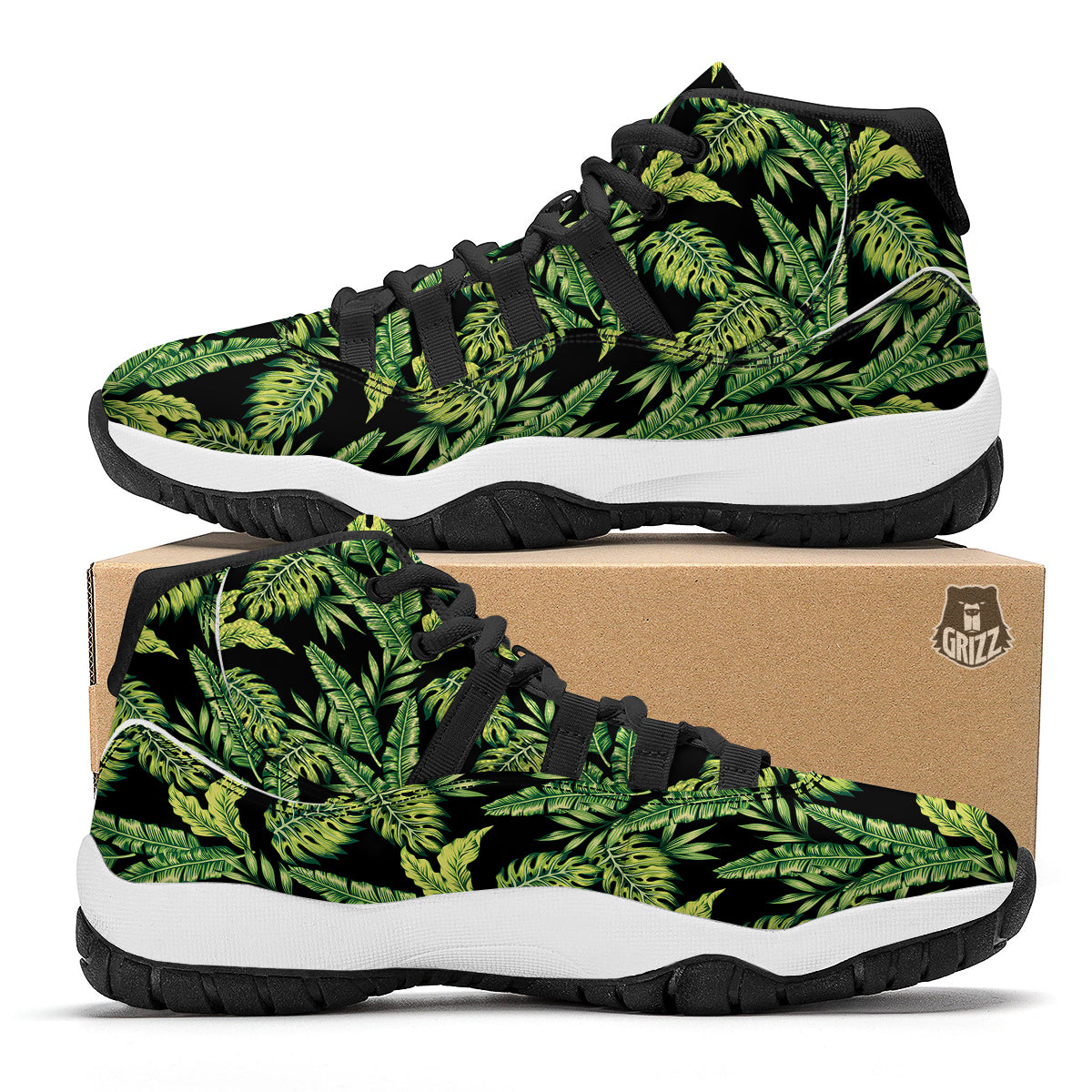 Banana Palm Leaf Print Pattern Black Bball Shoes-grizzshop