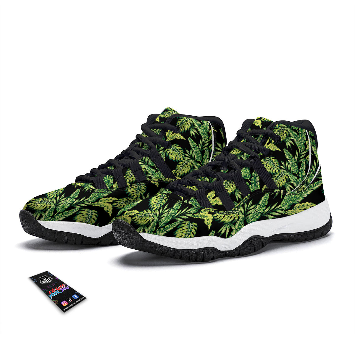 Banana Palm Leaf Print Pattern Black Bball Shoes-grizzshop