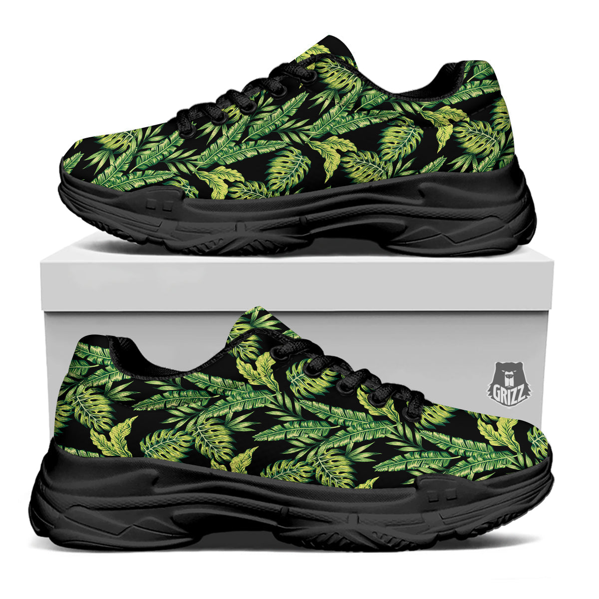 Banana Palm Leaf Print Pattern Black Chunky Shoes-grizzshop