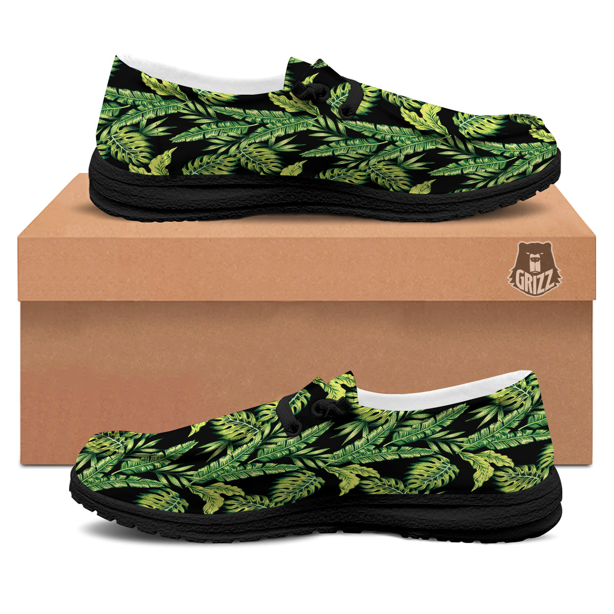 Banana Palm Leaf Print Pattern Black Loafers-grizzshop