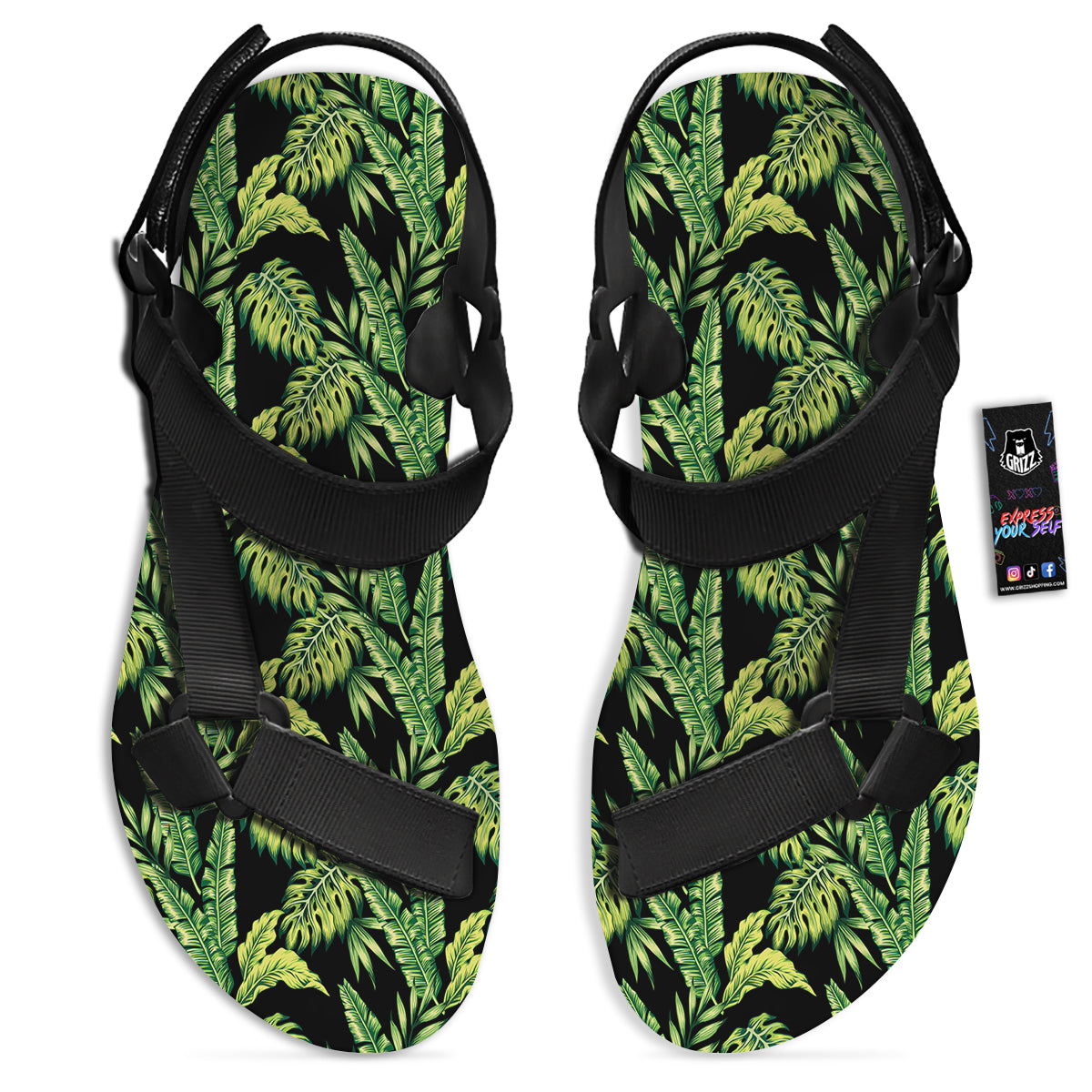 Banana Palm Leaf Print Pattern Black Open Toe Sandals-grizzshop