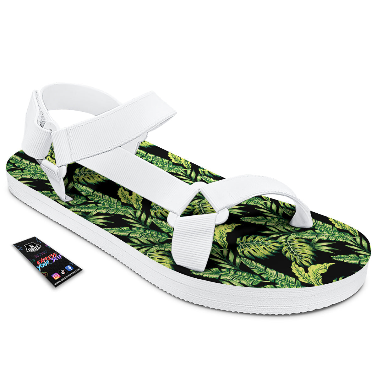 Banana Palm Leaf Print Pattern White Open Toe Sandals-grizzshop