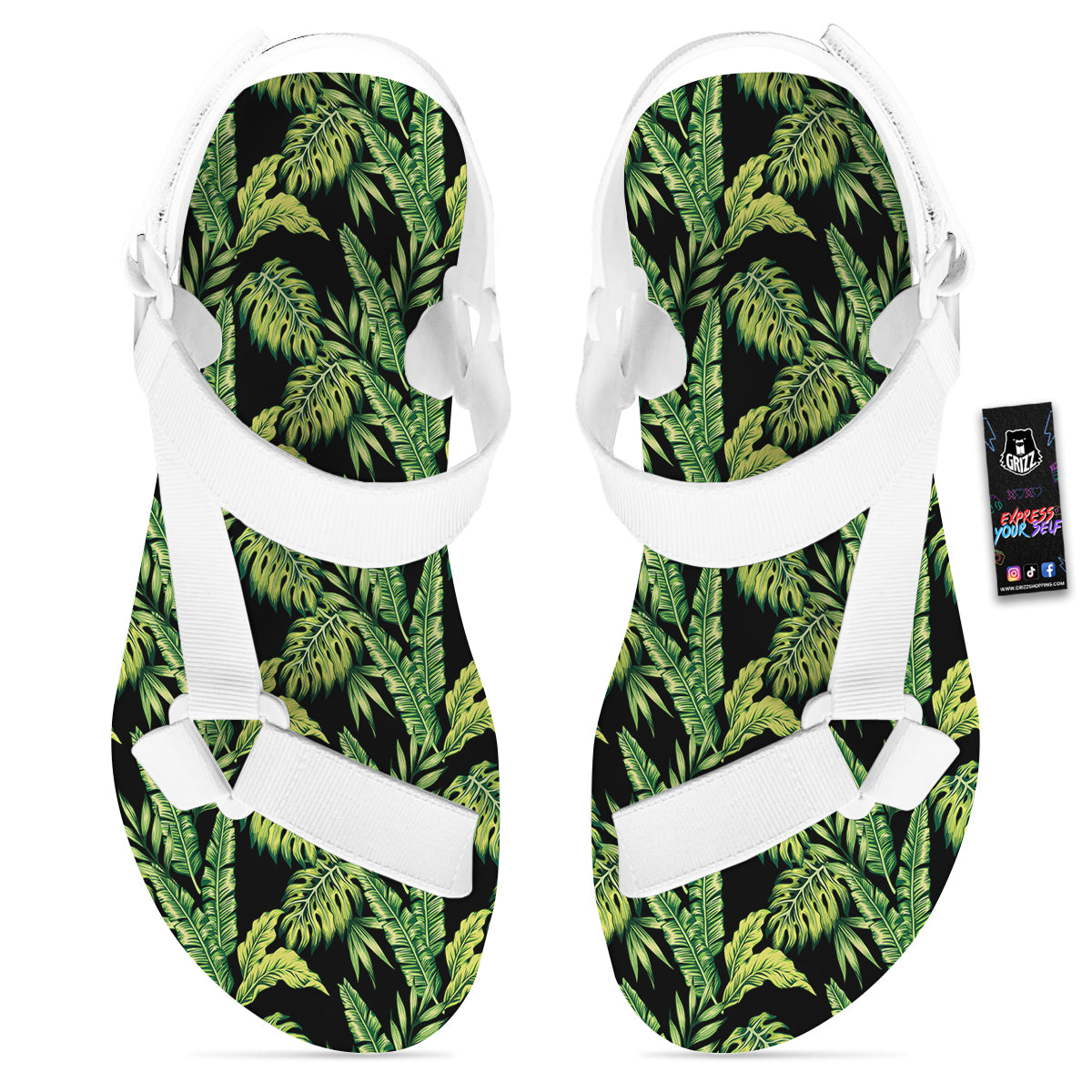 Banana Palm Leaf Print Pattern White Open Toe Sandals-grizzshop