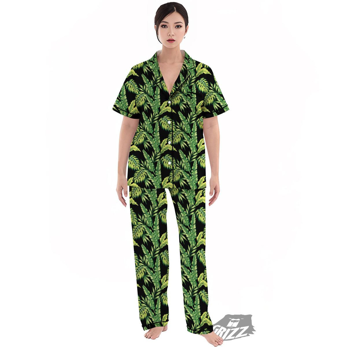 Banana Palm Leaf Print Pattern Women's Pajamas Set-grizzshop