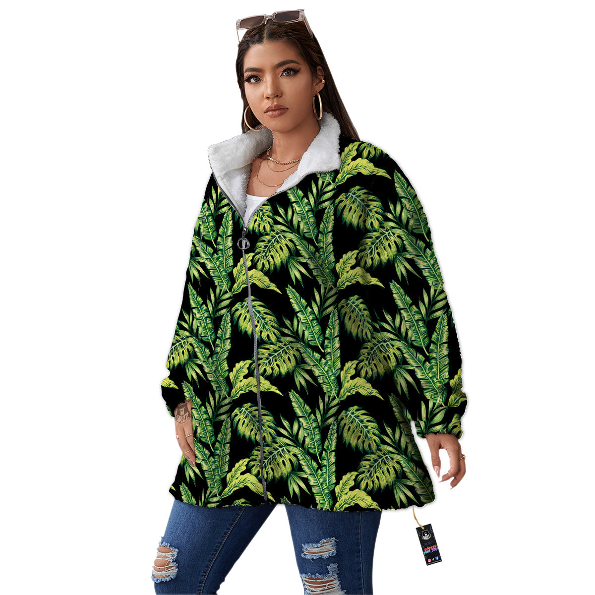 Banana Palm Leaf Print Pattern Women's Sherpa Jacket-grizzshop