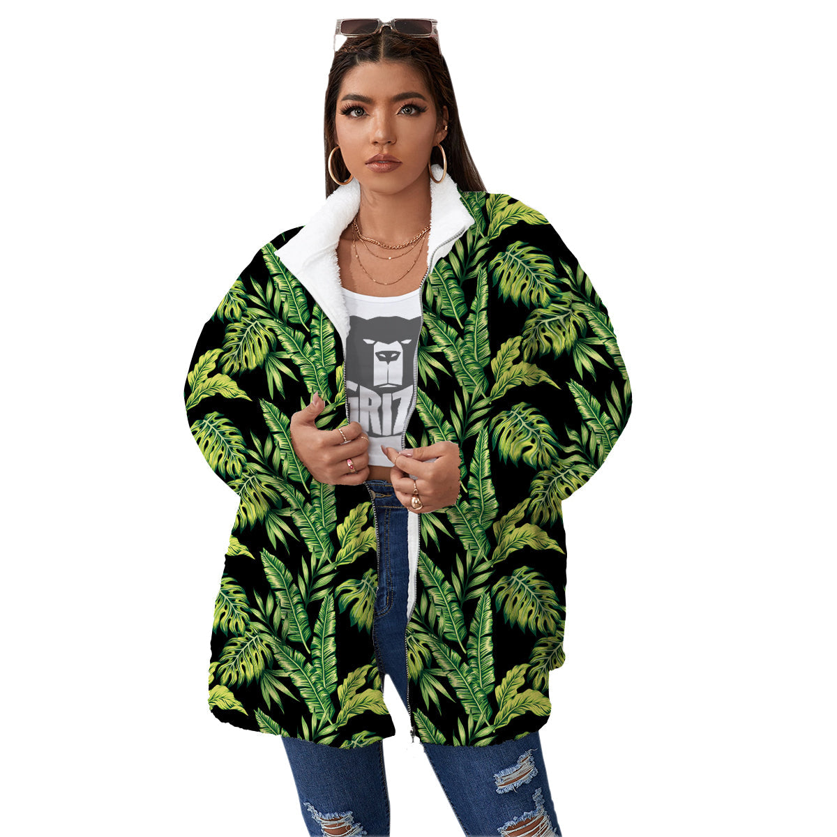 Banana Palm Leaf Print Pattern Women's Sherpa Jacket-grizzshop