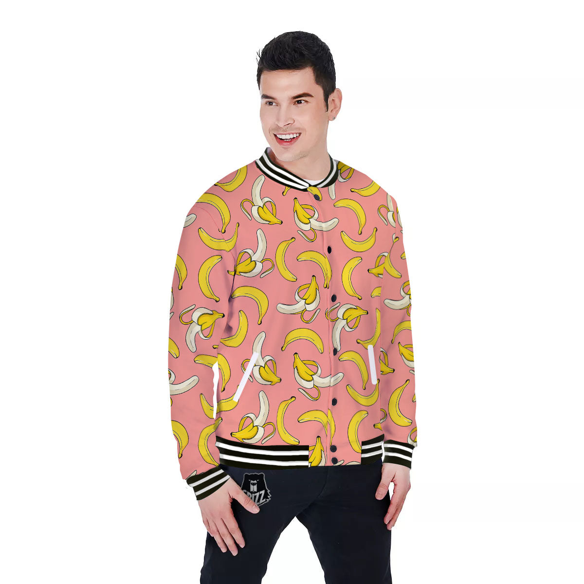 Banana Pink Print Pattern Baseball Jacket-grizzshop