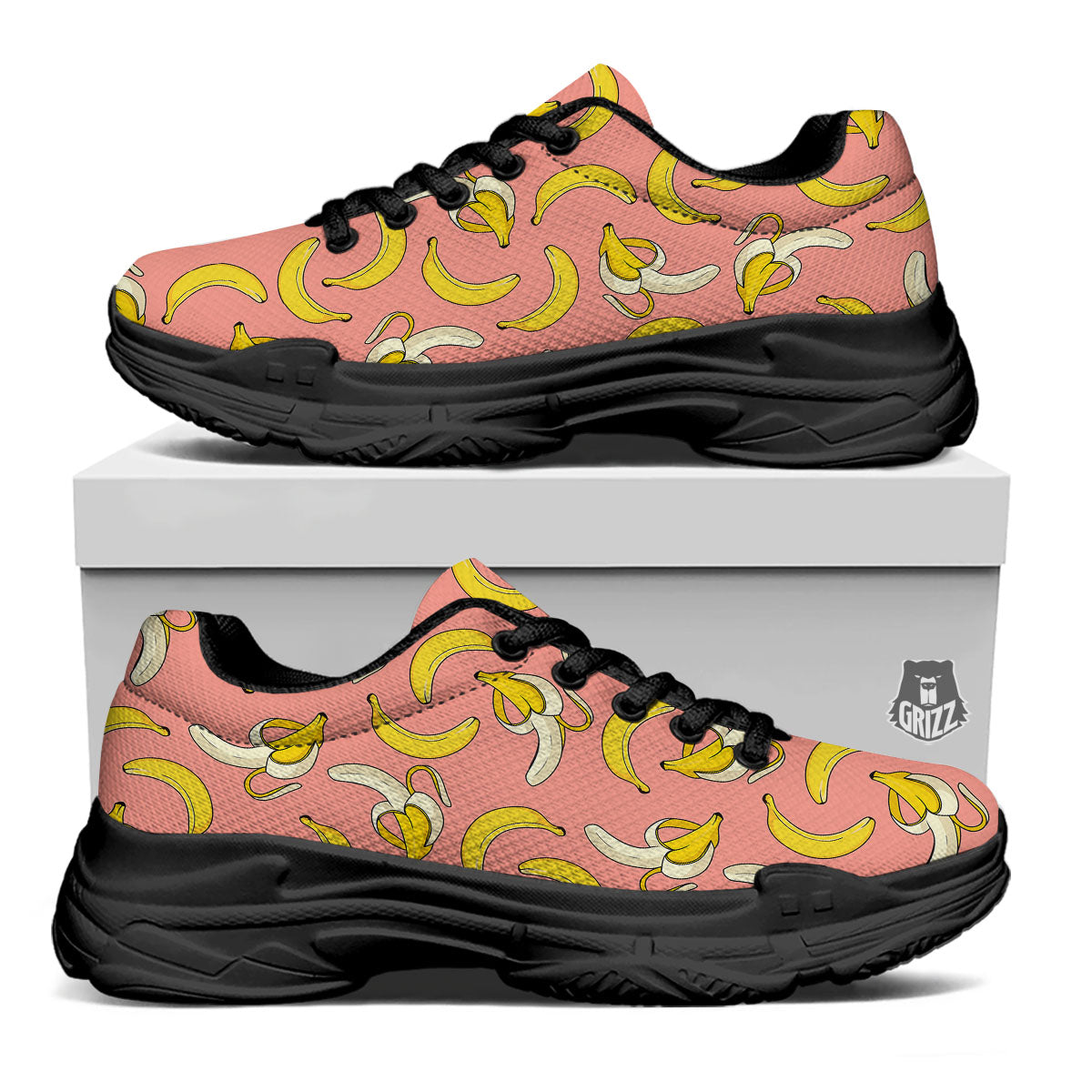 Banana Pink Print Pattern Black Chunky Shoes-grizzshop