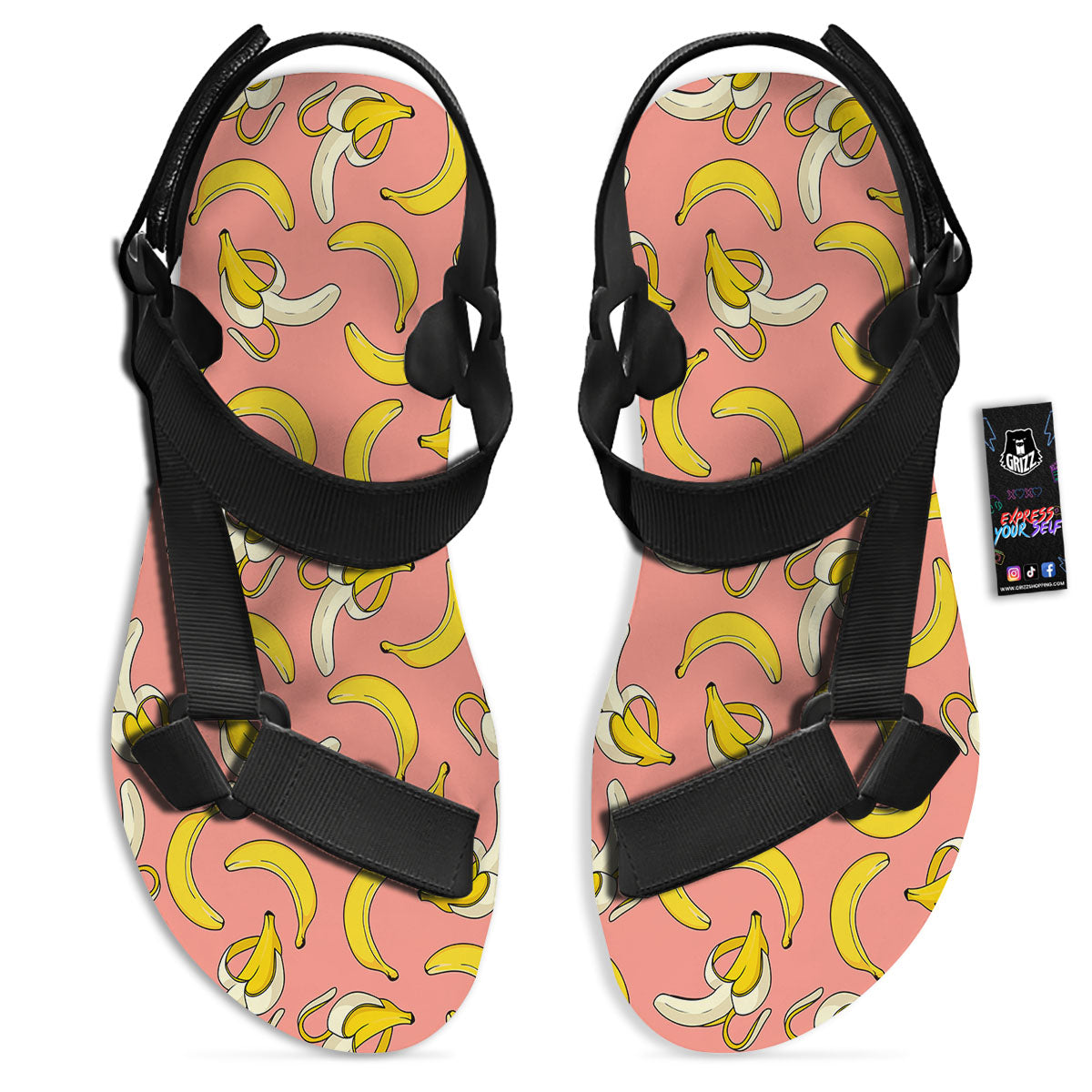 Banana Pink Print Pattern Black Open Toe Sandals-grizzshop