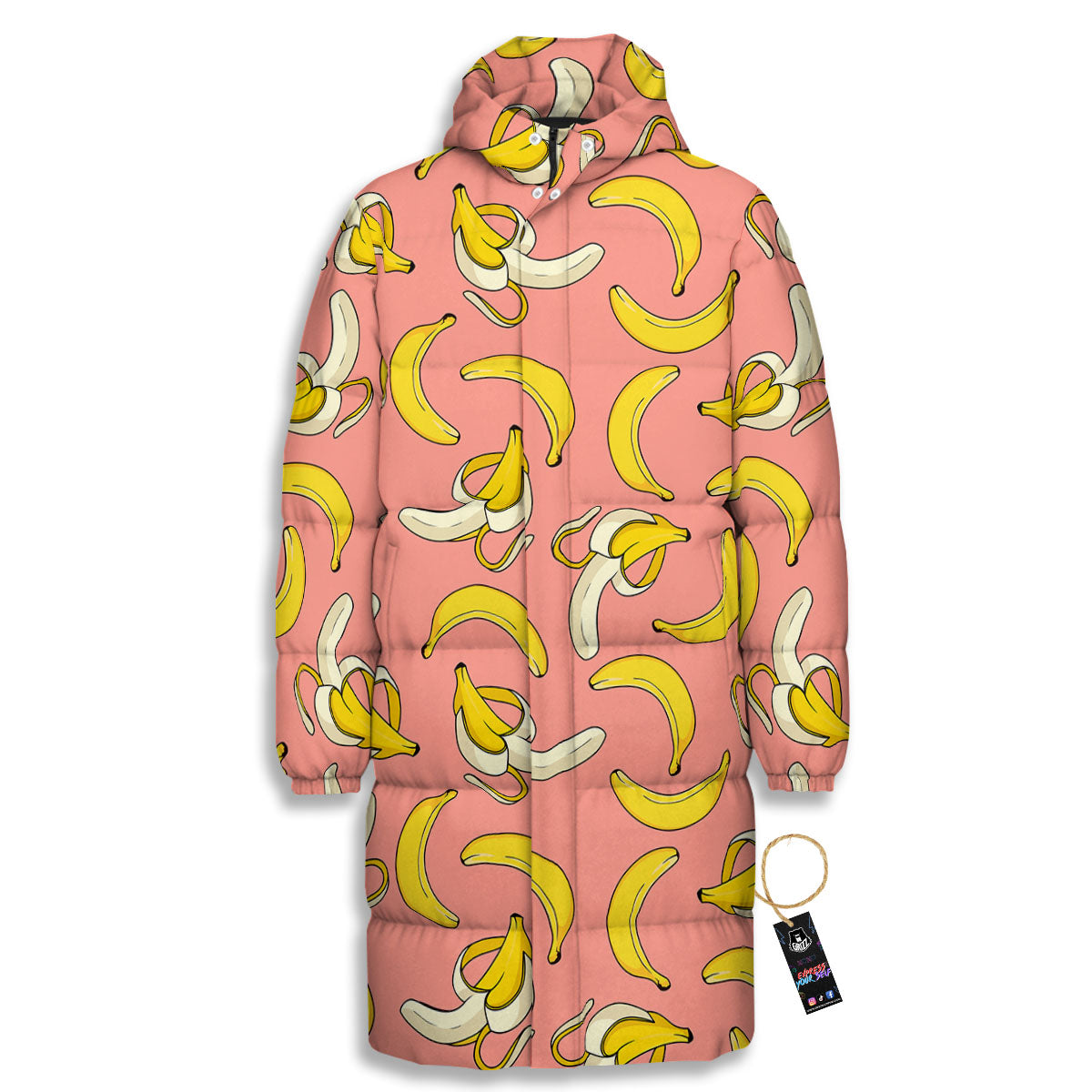 Banana Pink Print Pattern Long Down Jacket-grizzshop