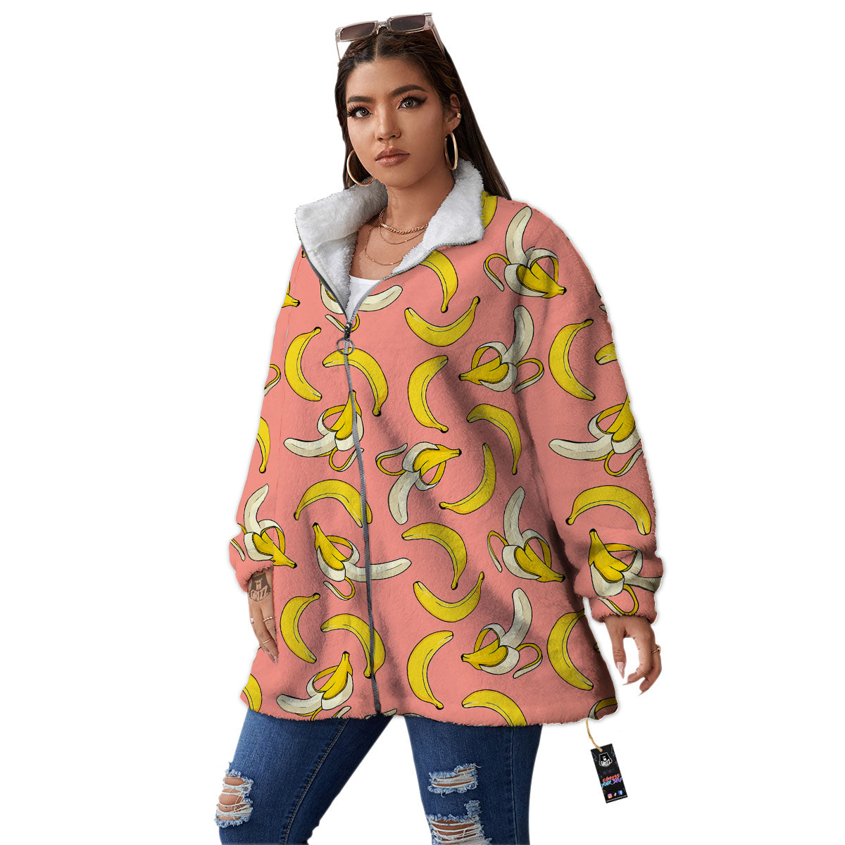Banana Pink Print Pattern Women's Sherpa Jacket-grizzshop