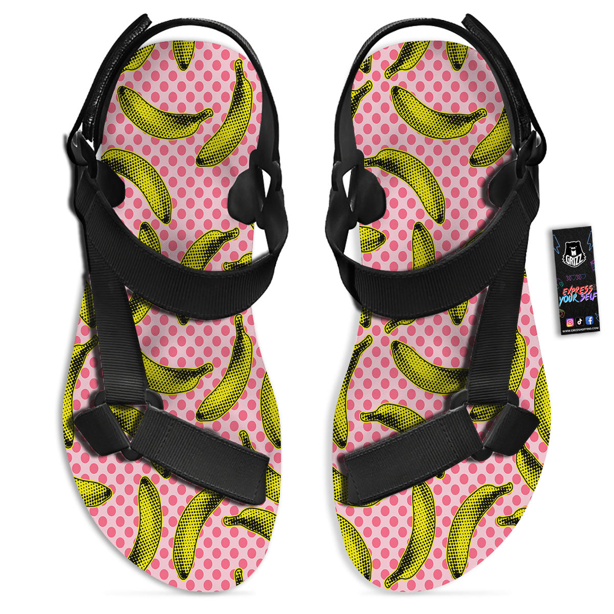 Banana Polka Dot Print Pattern Black Open Toe Sandals-grizzshop