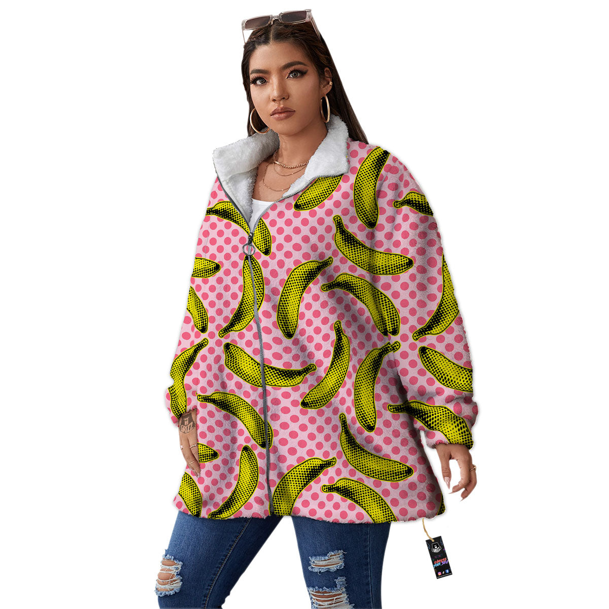 Banana Polka Dot Print Pattern Women's Sherpa Jacket-grizzshop