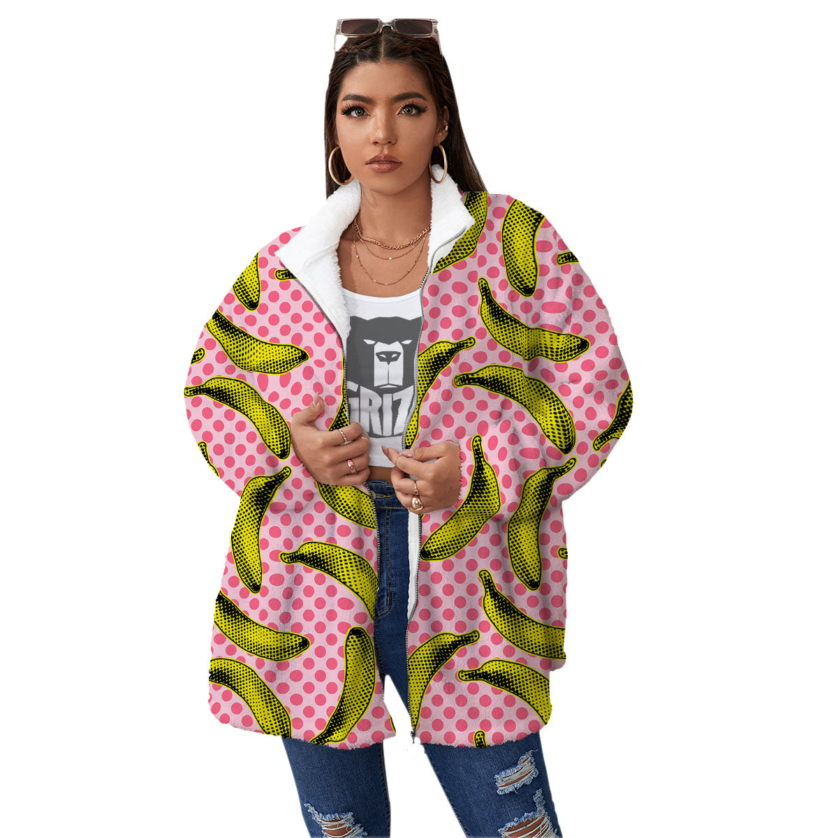 Banana Polka Dot Print Pattern Women's Sherpa Jacket-grizzshop