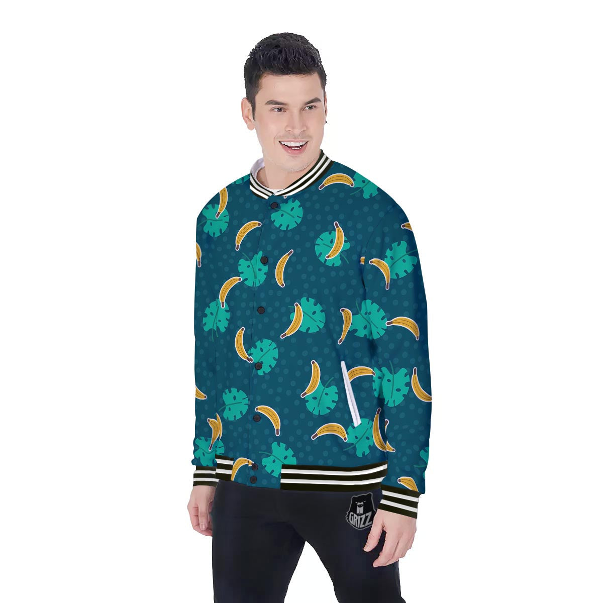 Banana Teal Print Pattern Baseball Jacket-grizzshop