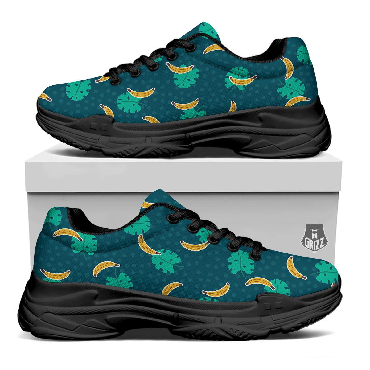 Banana Teal Print Pattern Black Chunky Shoes-grizzshop