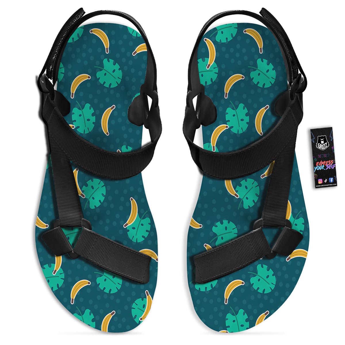 Banana Teal Print Pattern Black Open Toe Sandals-grizzshop