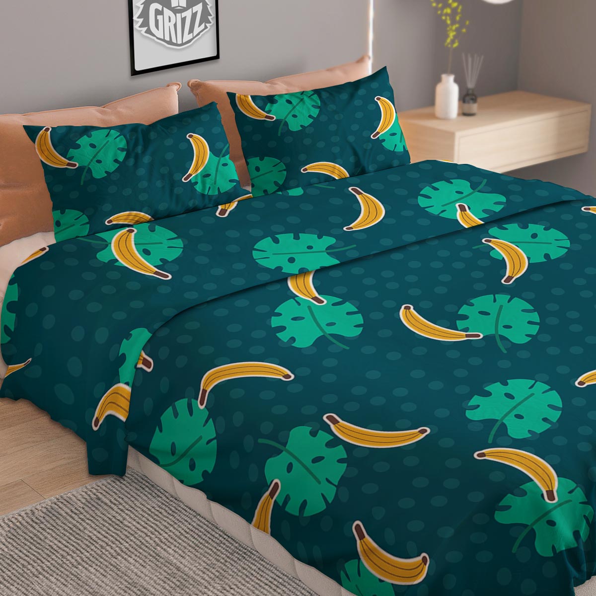 Banana Teal Print Pattern Duvet Cover Bedding Set