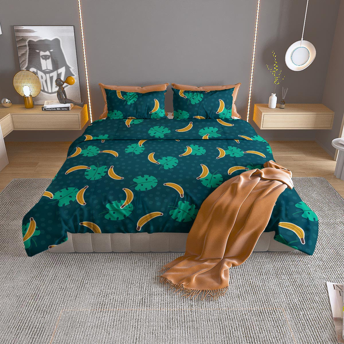 Banana Teal Print Pattern Duvet Cover Bedding Set