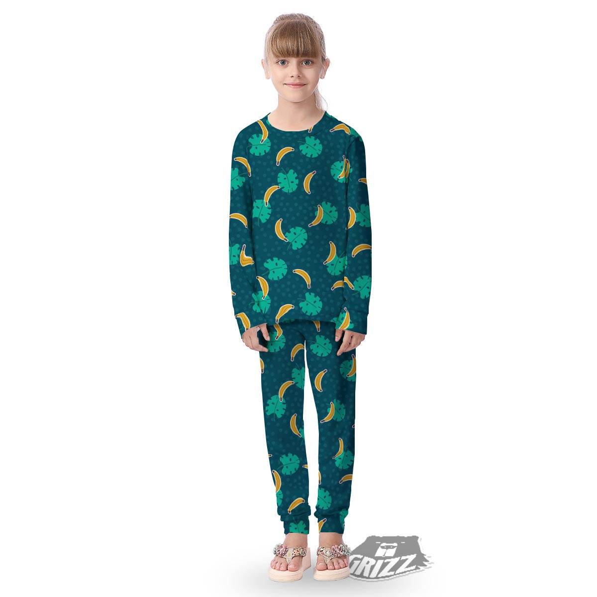 Banana Teal Print Pattern Kid's Pajamas-grizzshop