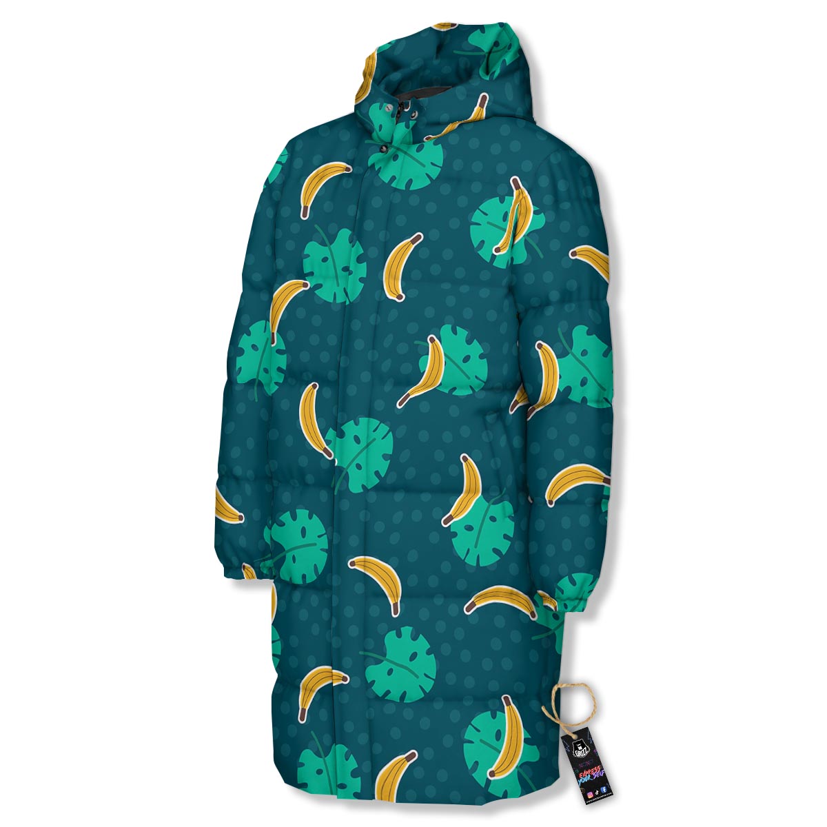 Banana Teal Print Pattern Long Down Jacket-grizzshop