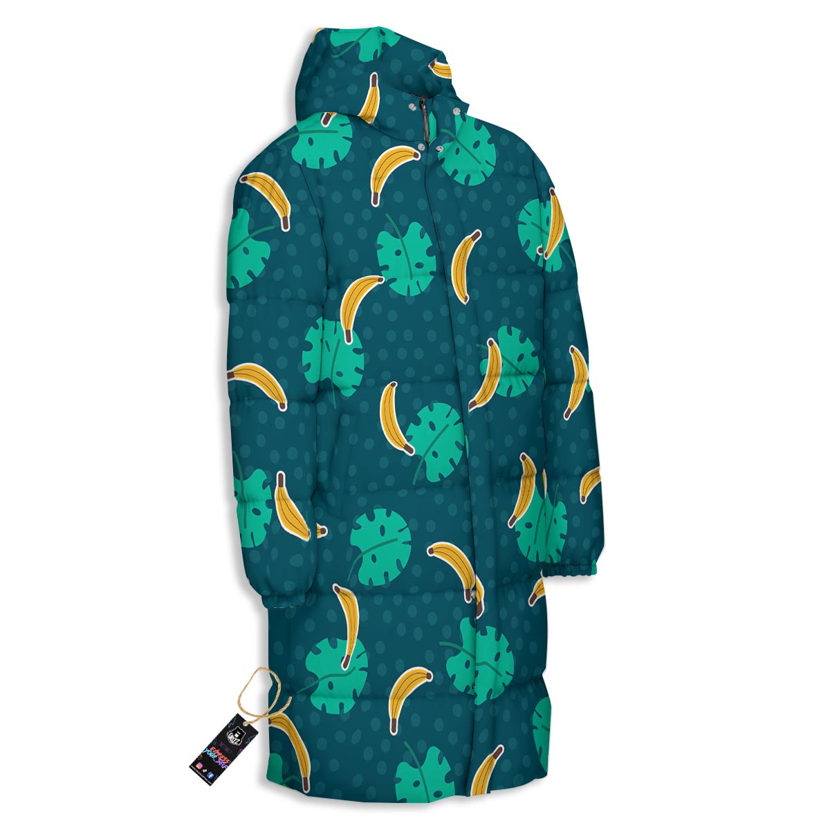 Banana Teal Print Pattern Long Down Jacket-grizzshop