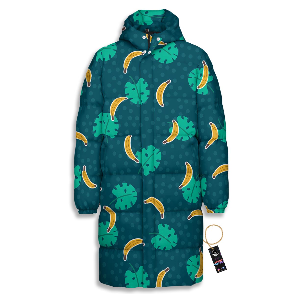 Banana Teal Print Pattern Long Down Jacket-grizzshop