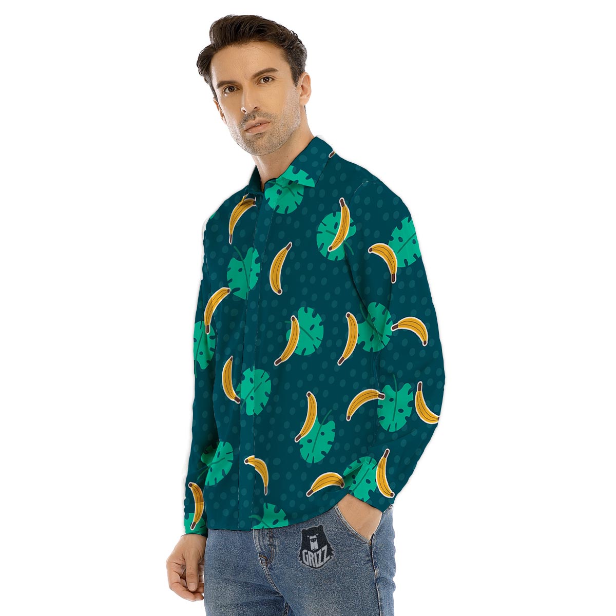 Banana Teal Print Pattern Men's Dress Shirts-grizzshop