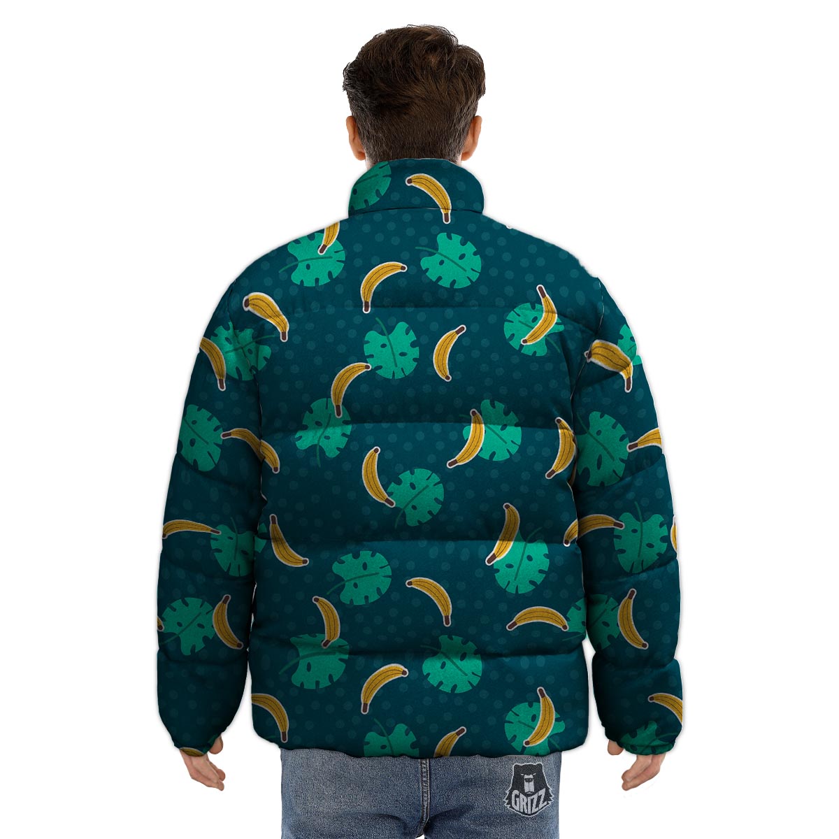 Banana Teal Print Pattern Puffer Jacket-grizzshop