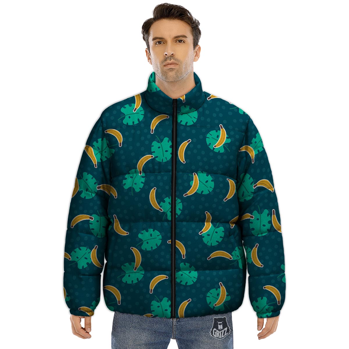 Banana Teal Print Pattern Puffer Jacket-grizzshop