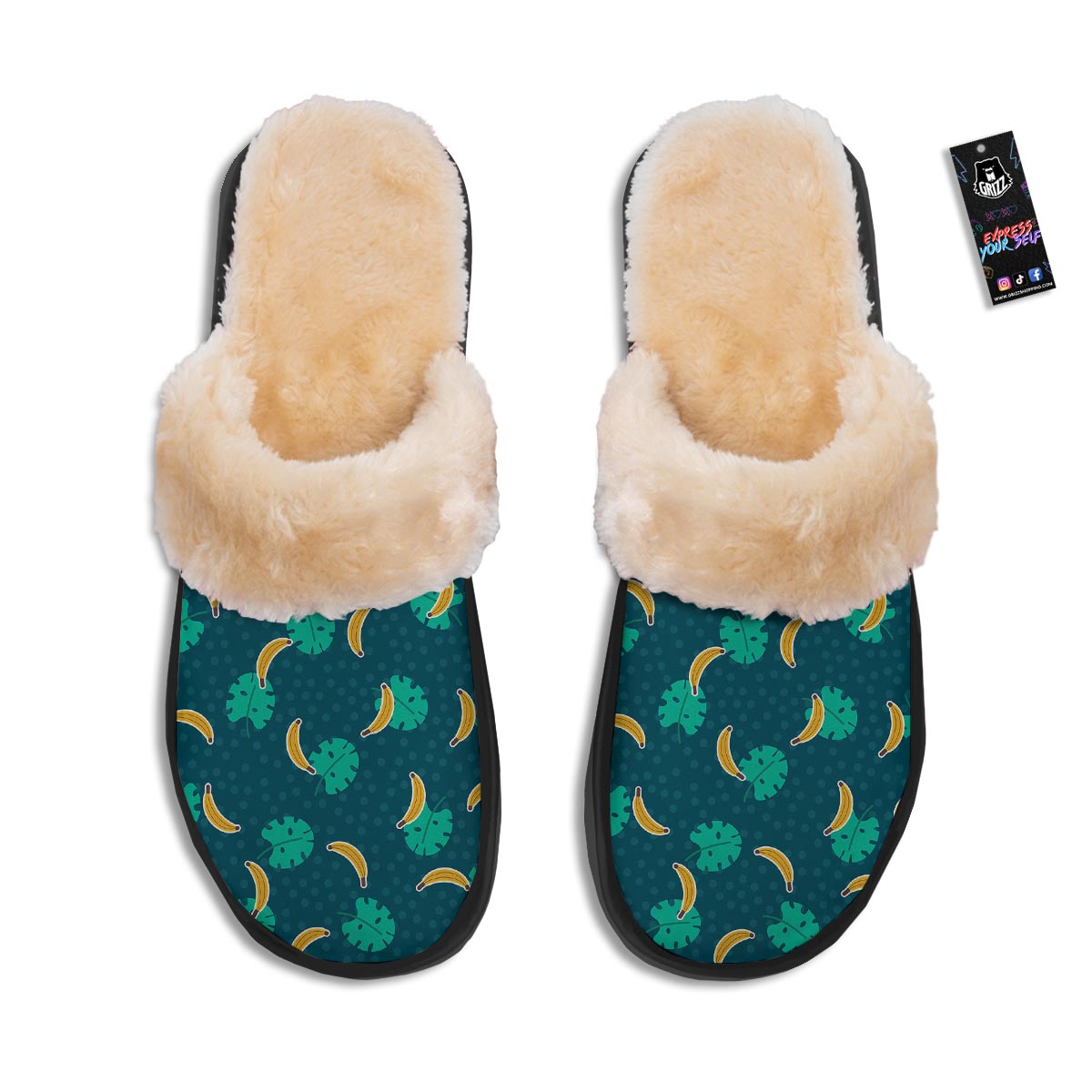 Banana Teal Print Pattern Slippers-grizzshop