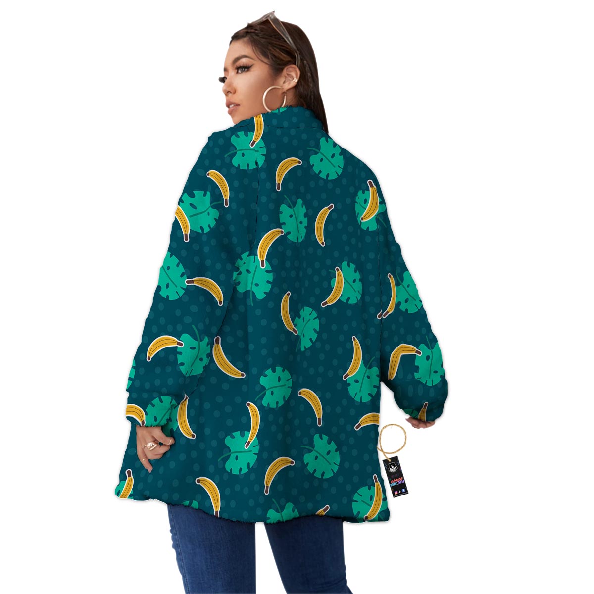 Banana Teal Print Pattern Women's Sherpa Jacket-grizzshop
