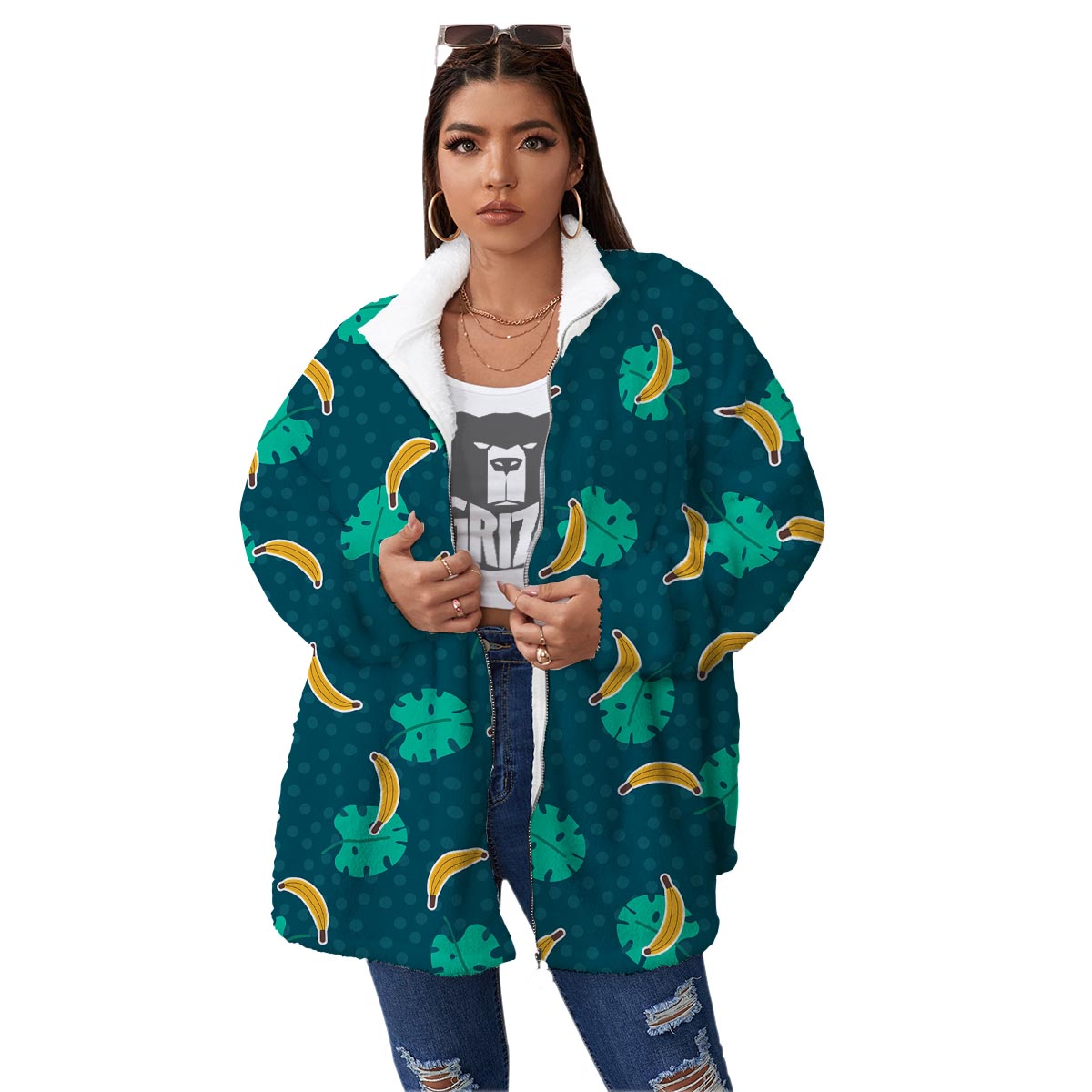 Banana Teal Print Pattern Women's Sherpa Jacket-grizzshop