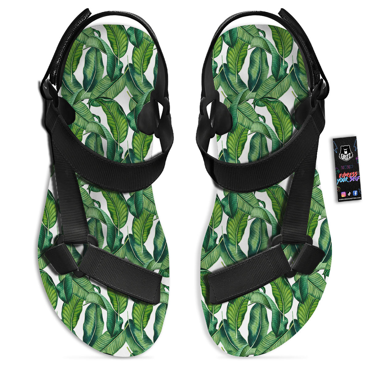 Banana Tropical Green Print Pattern Black Open Toe Sandals-grizzshop