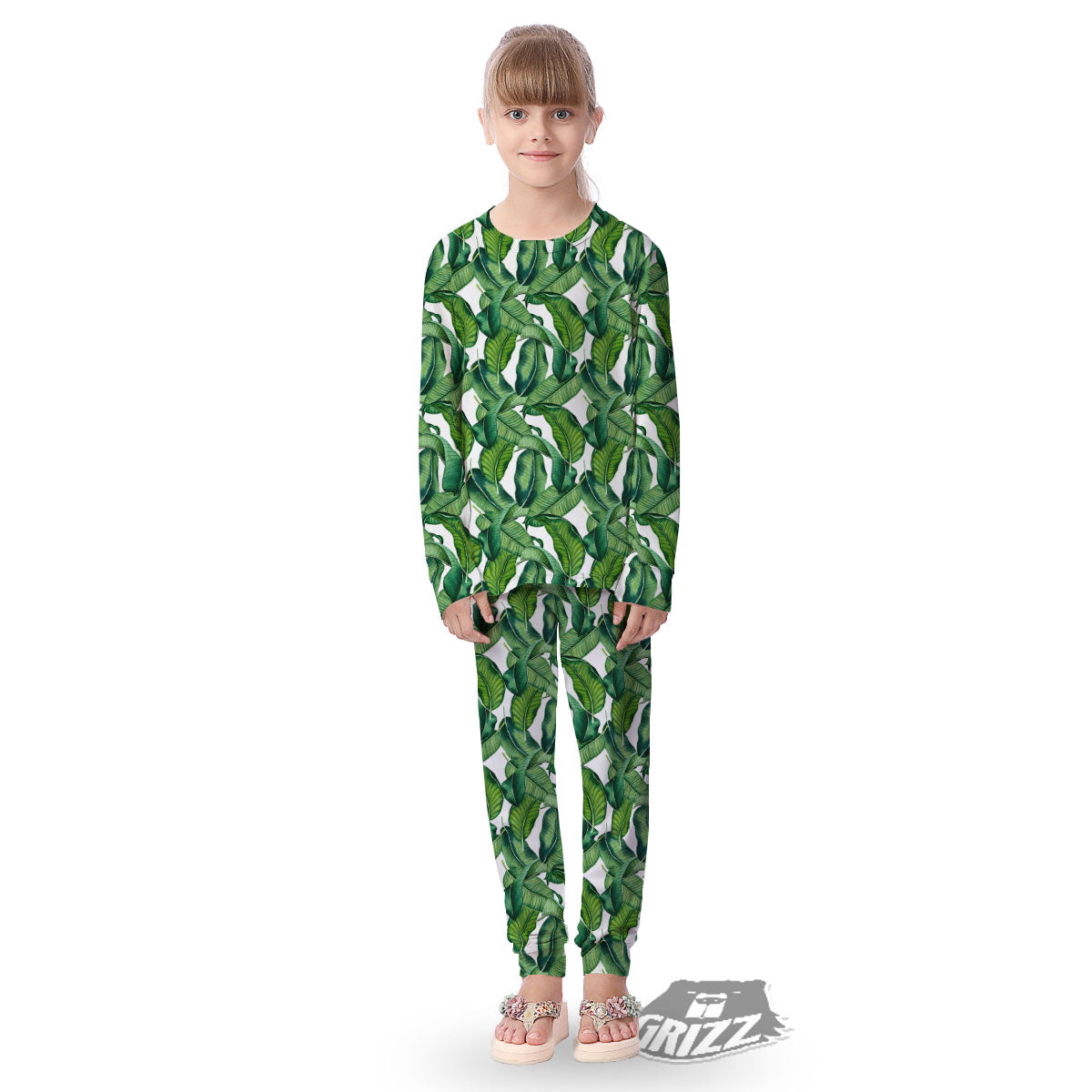 Banana Tropical Green Print Pattern Kid's Pajamas-grizzshop