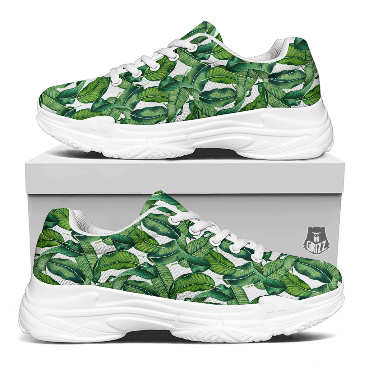 Banana Tropical Green Print Pattern White Chunky Shoes-grizzshop