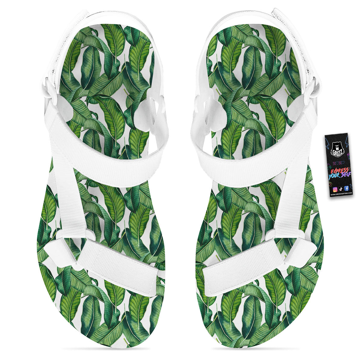 Banana Tropical Green Print Pattern White Open Toe Sandals-grizzshop
