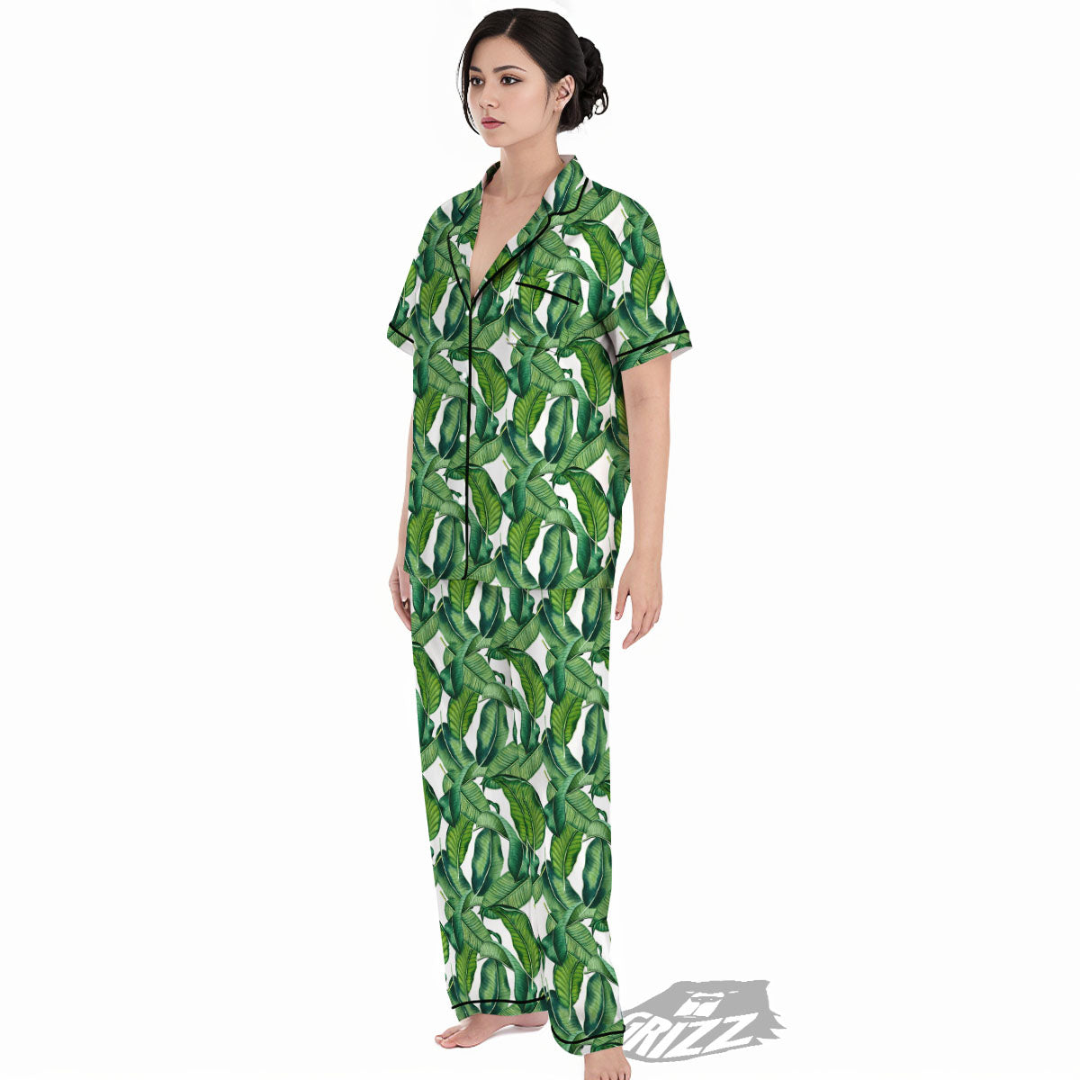 Banana Tropical Green Print Pattern Women's Pajamas Set-grizzshop