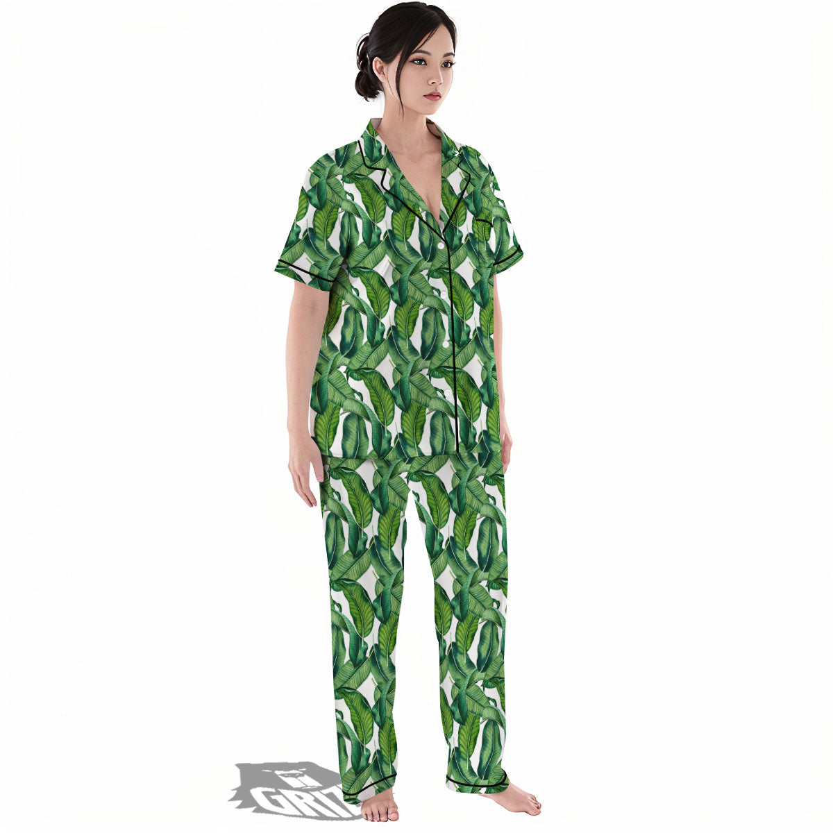 Banana Tropical Green Print Pattern Women's Pajamas Set-grizzshop