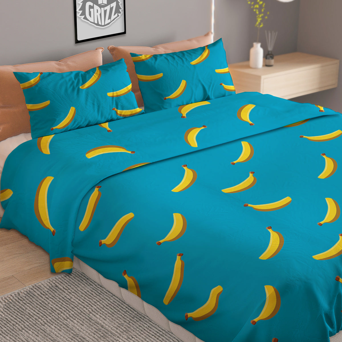 Banana Turquoise Print Pattern Duvet Cover Bedding Set