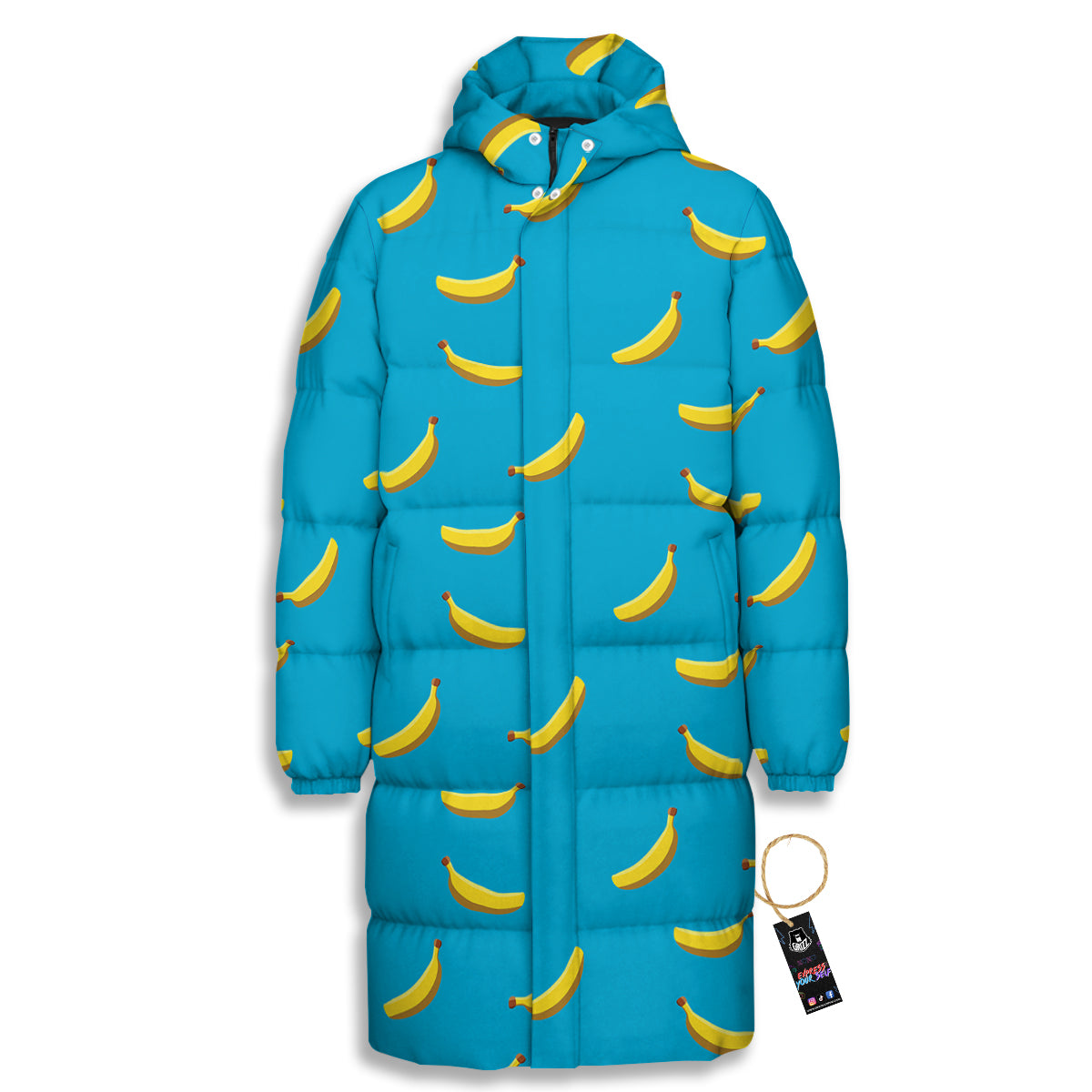 Banana Turquoise Print Pattern Long Down Jacket-grizzshop