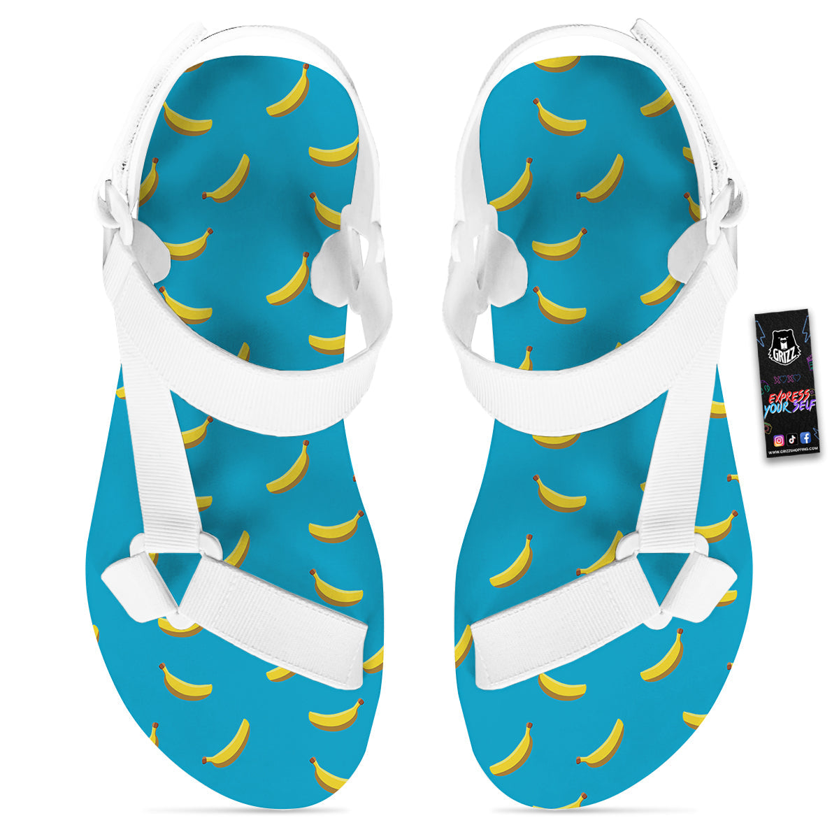 Banana Turquoise Print Pattern White Open Toe Sandals-grizzshop