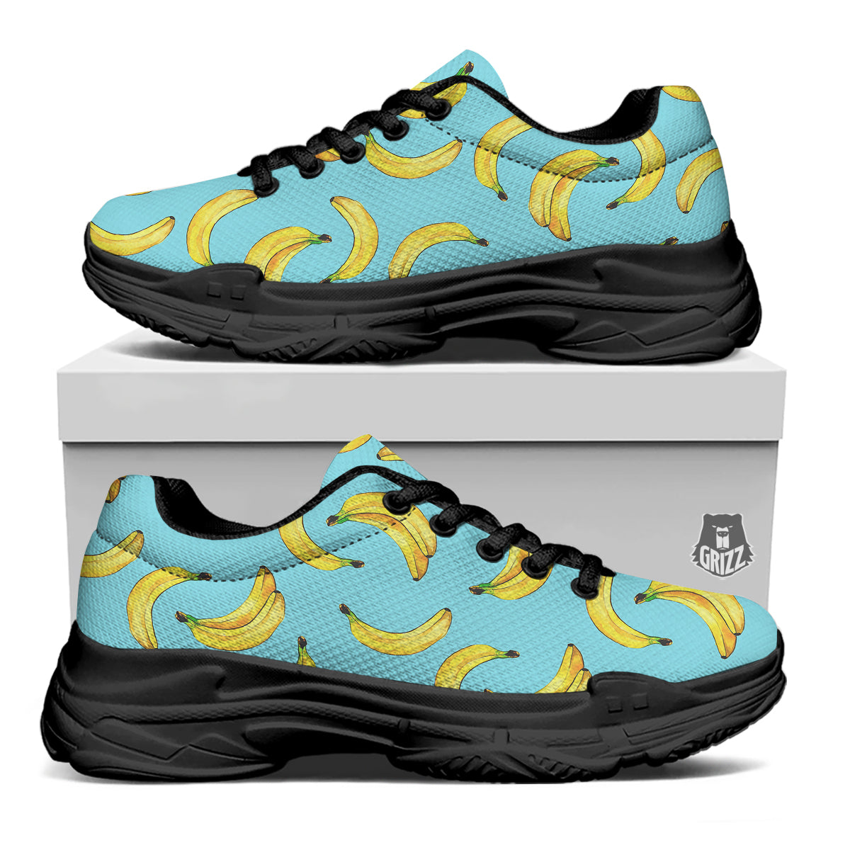 Banana Watercolor Print Pattern Black Chunky Shoes-grizzshop