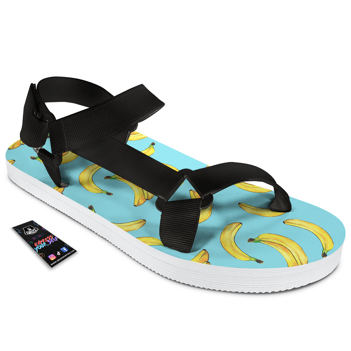 Banana Watercolor Print Pattern Black Open Toe Sandals-grizzshop