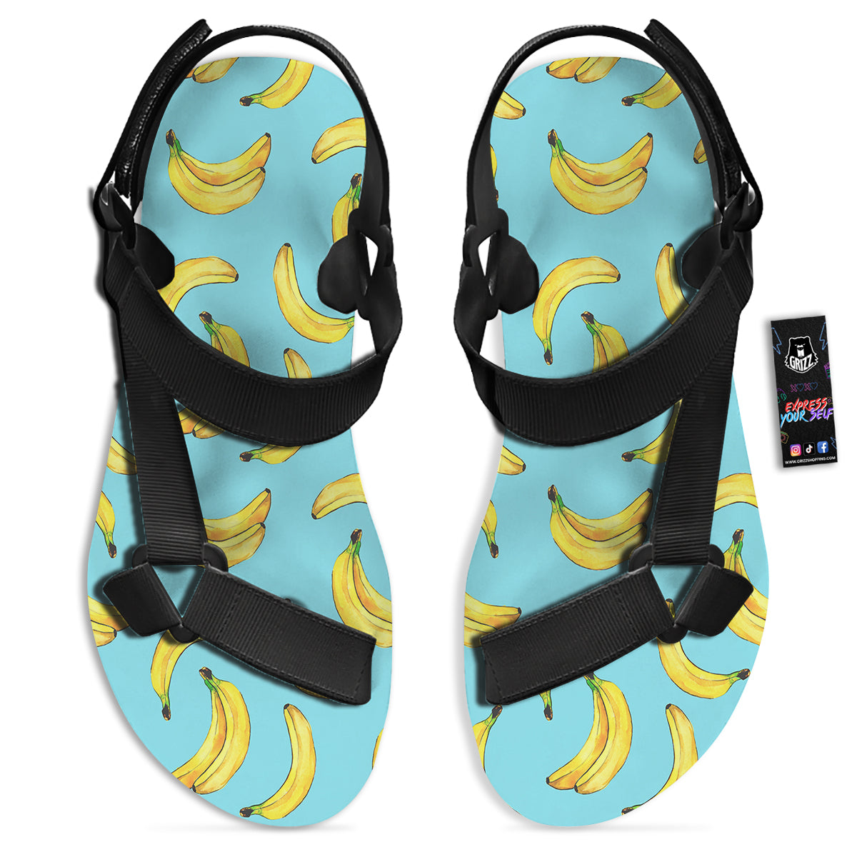 Banana Watercolor Print Pattern Black Open Toe Sandals-grizzshop